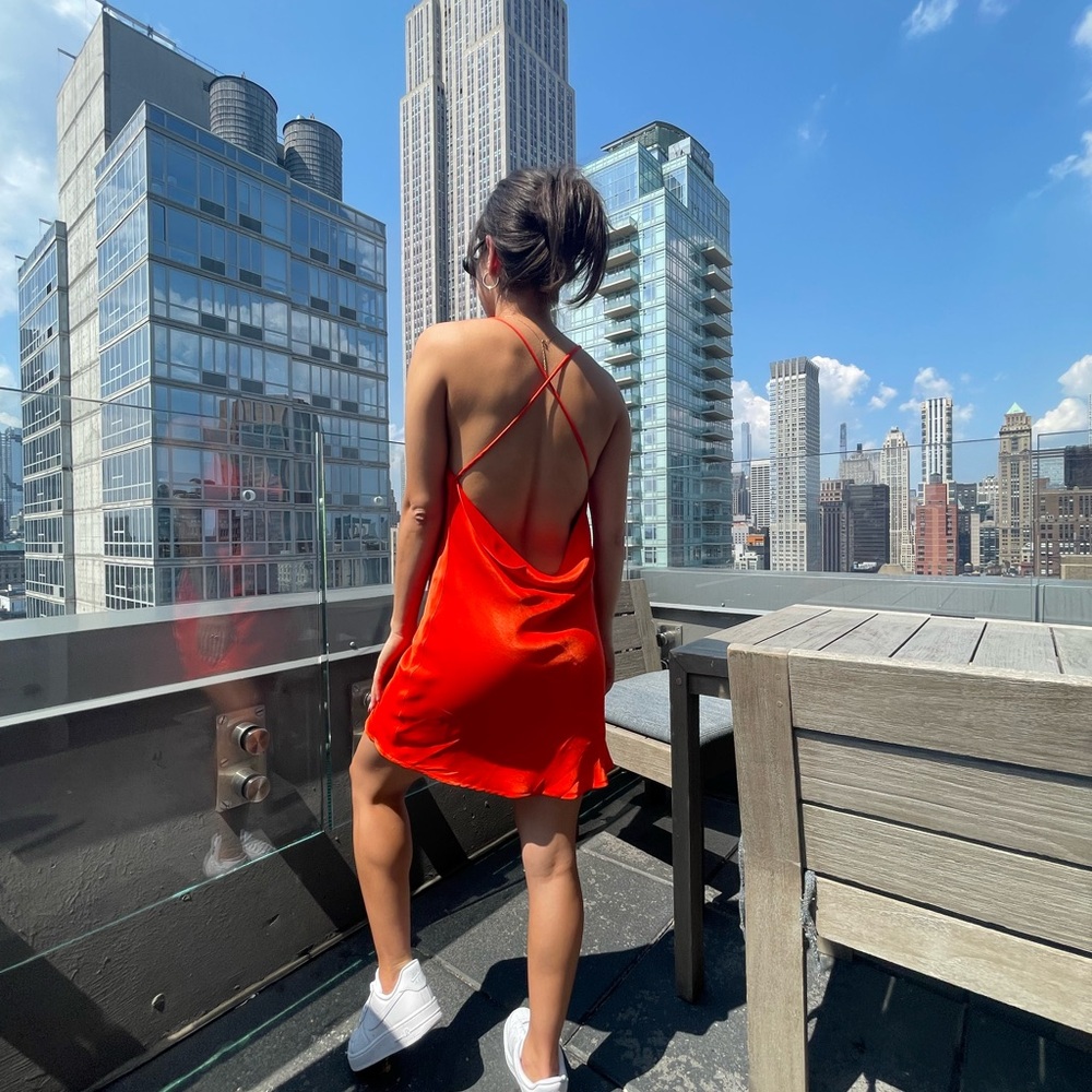 Zara Orange Satin Backless Slip Dress